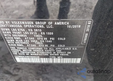 2019 Volkswagen Atlas 3.6L V6 Se W/Technology z USA, uszkodzony, nr VIN 1V2WR2CA0KC506248